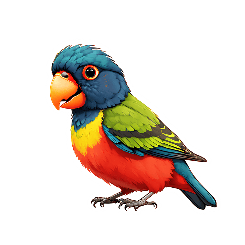 Multicolor parrot sticker illustration featuring red and blue feathers, an orange beak, and a white die-cut edge.