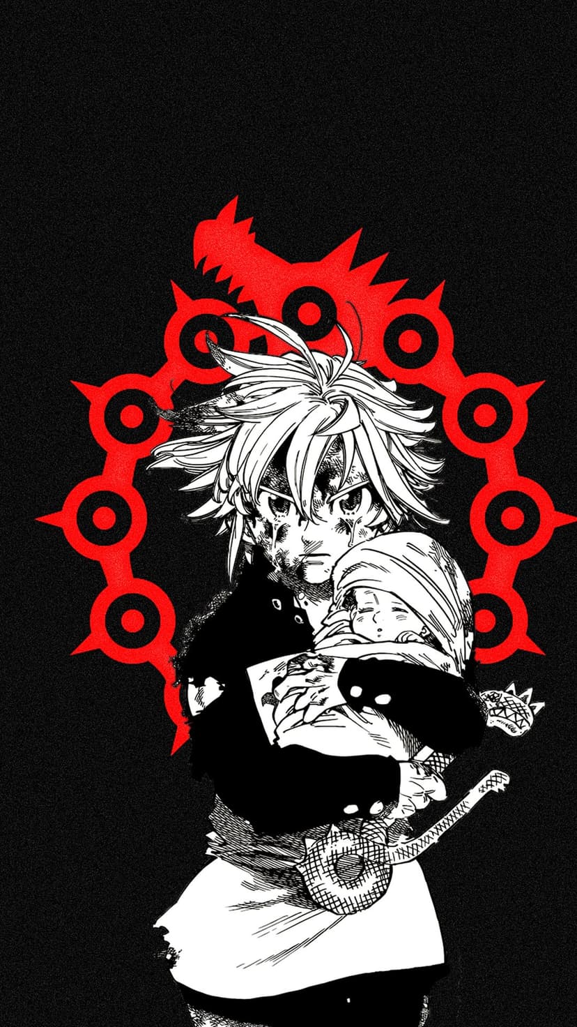 Meliodas holding a sleeping Elizabeth with a red dragon crest behind them on a black speckled background.