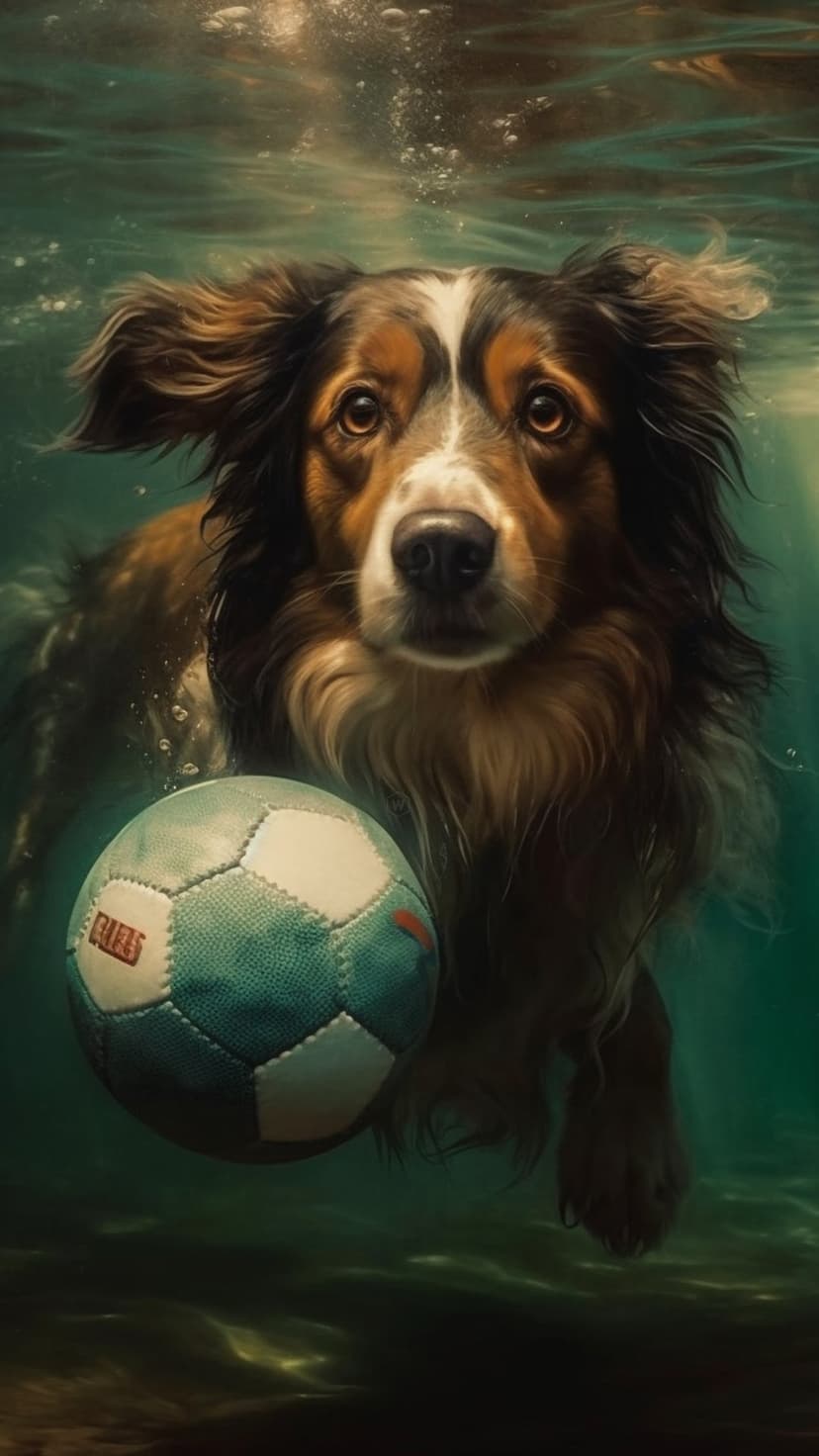 Border Collie swimming underwater toward a soccer ball with air bubbles and soft light rays in clear blue water.