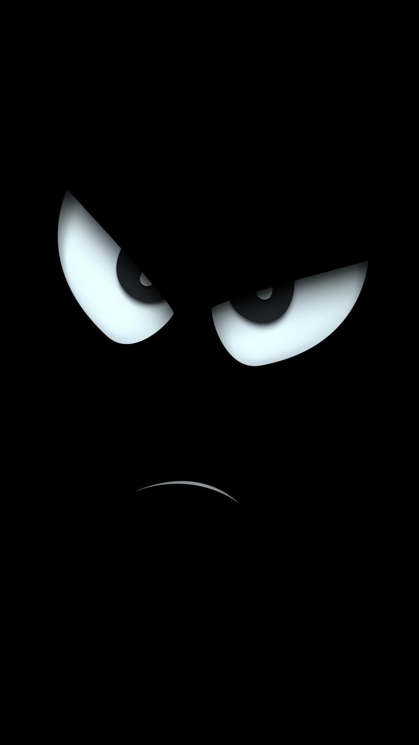 Luminous white cartoon eyes with a frowning mouth glow intensely against a solid pitch-black background.