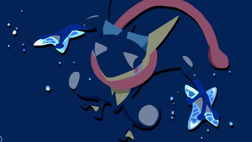 Greninja pokemon in a dynamic pose with blue water shurikens on a dark navy minimalist landscape background.