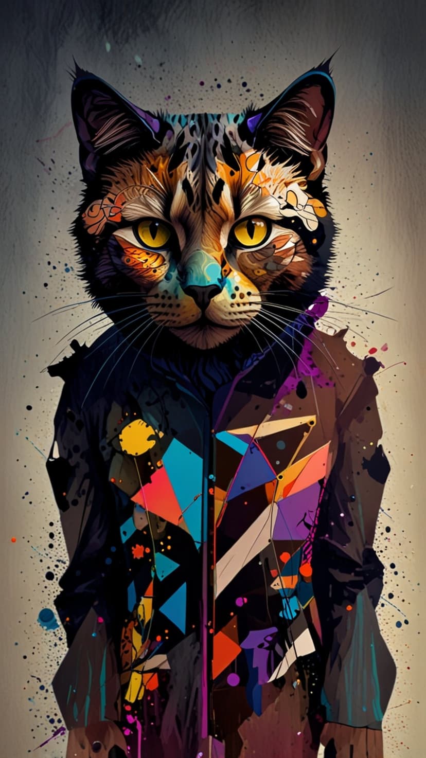 Cat with ornate facial patterns wears a coat of bright triangles and paint splashes against a dark background.
