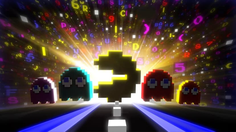 3D pixel Pac-Man and four ghosts standing on a neon road against a bright light with floating colorful letters.