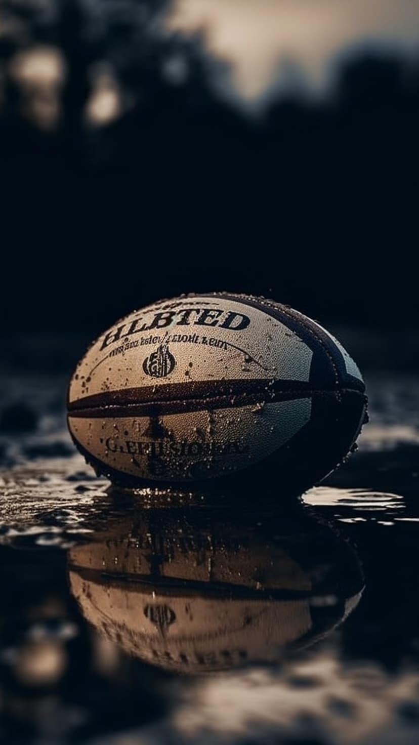 Textured rugby ball reflecting in a dark puddle after rain with soft background bokeh and moody lighting.