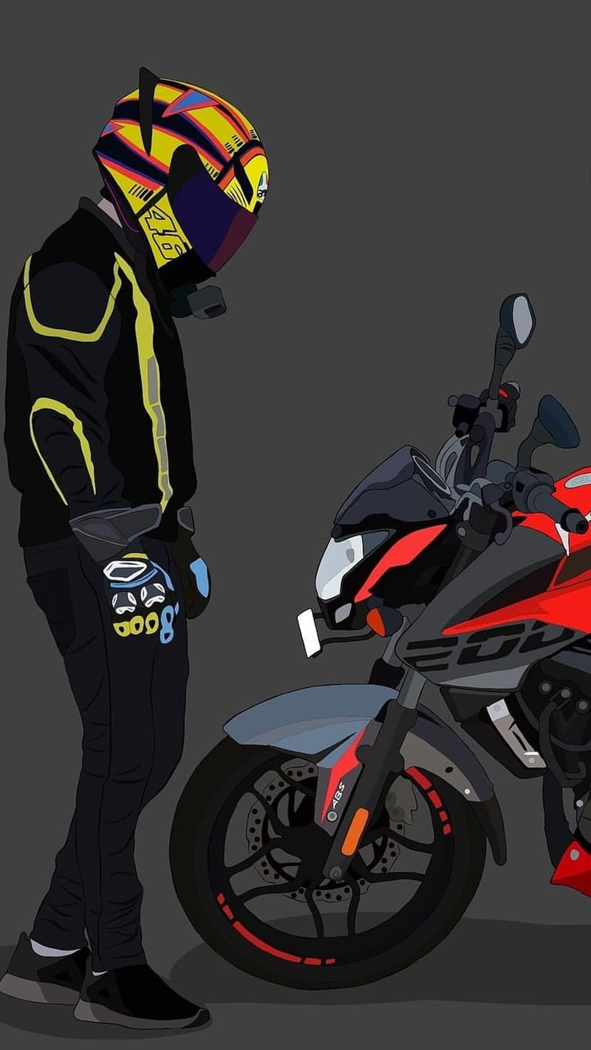 Motorcyclist in a vibrant helmet and racing jacket stands next to a red and black sportbike with sharp lines.