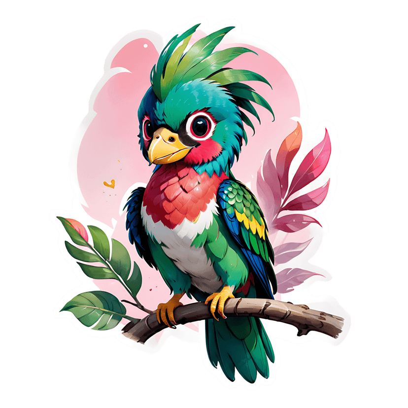 Green parrot sticker illustration features a vibrant bird with crimson chest feathers on a leafy brown branch.