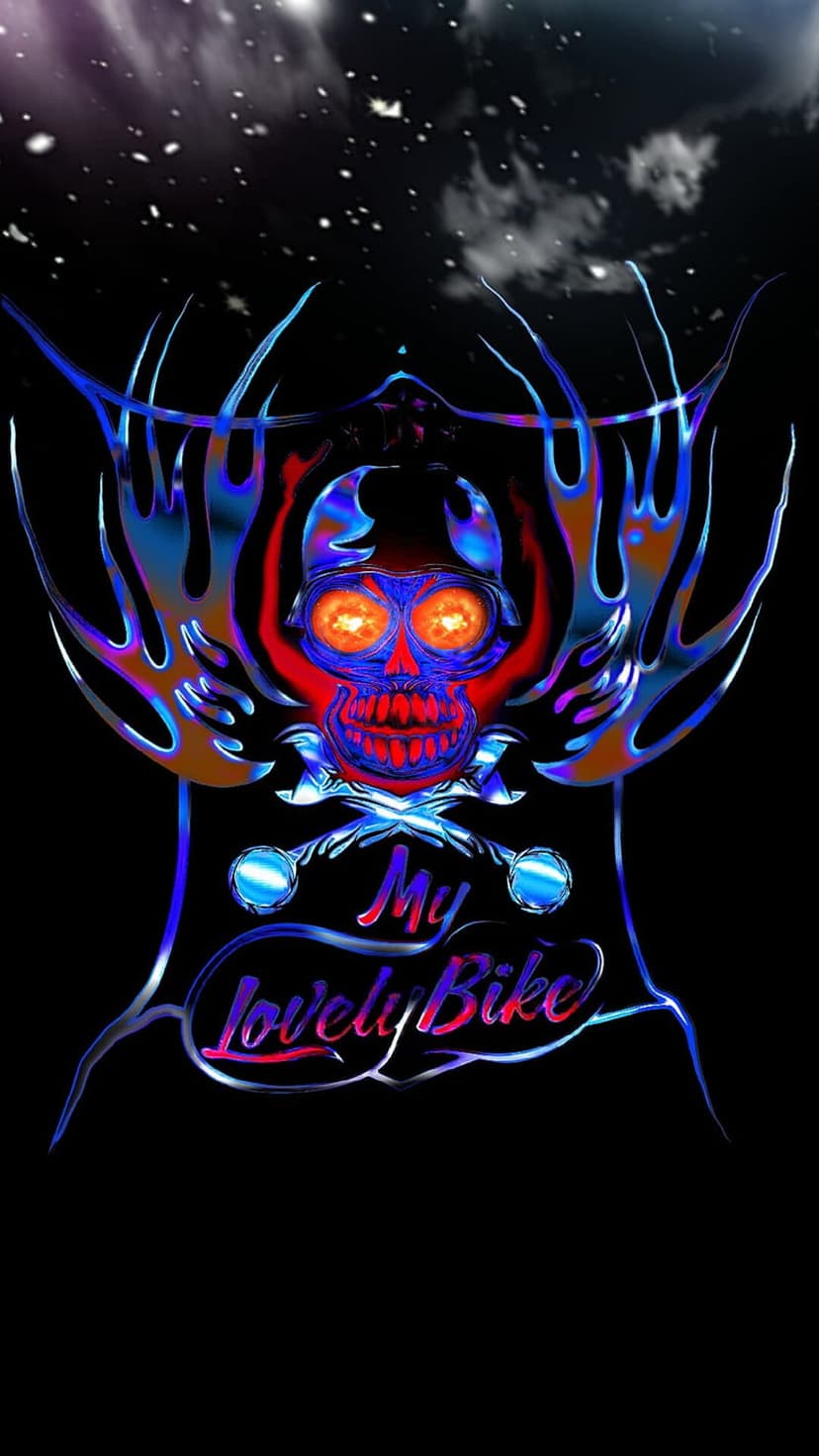Flaming skull with glowing orange eyes and purple fire above neon metallic text on a dark starry background.