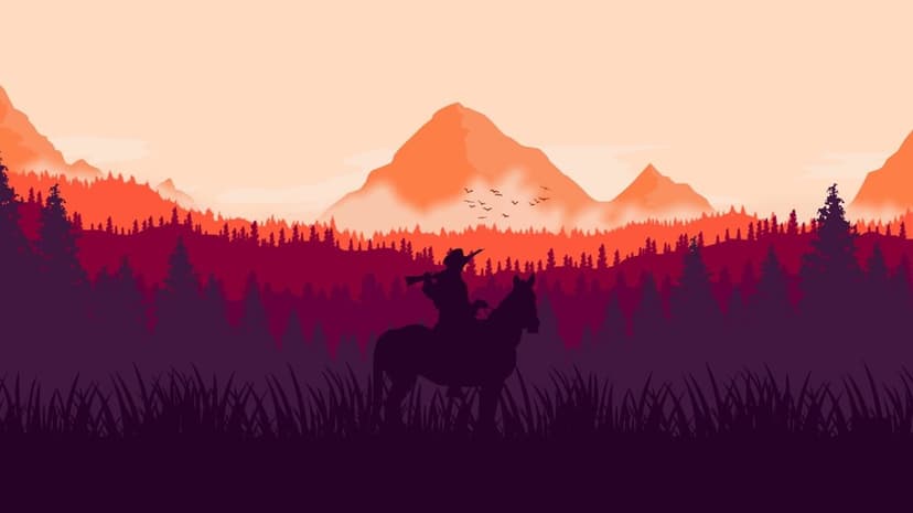 Cowboy on horseback silhouette against layered orange sunset forests and a central mountain peak.