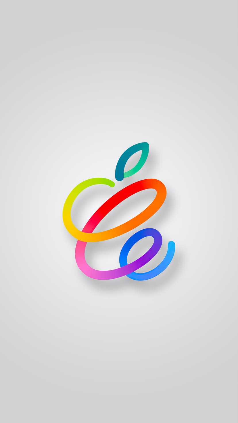 Rainbow-colored Apple logo outline in a continuous line floats above a light grey surface with a soft shadow.