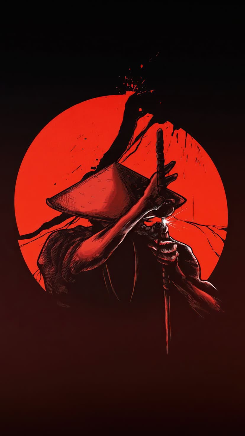 Shadowed samurai in a conical hat draws a glowing katana against a massive red circular moon backdrop.