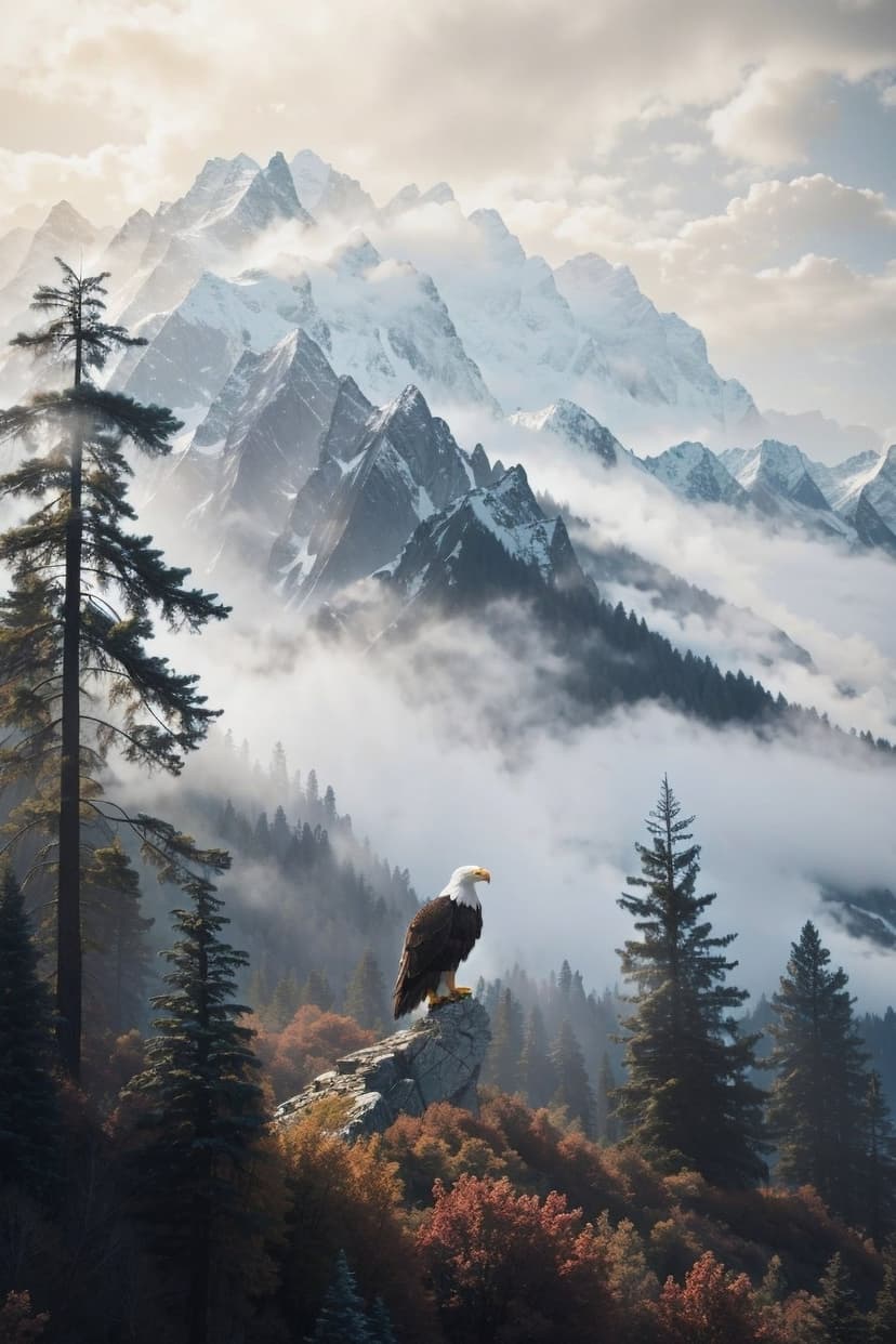 Bald eagle perched on a rock before snow-capped mountains, misty evergreen forests, and autumn leaves.