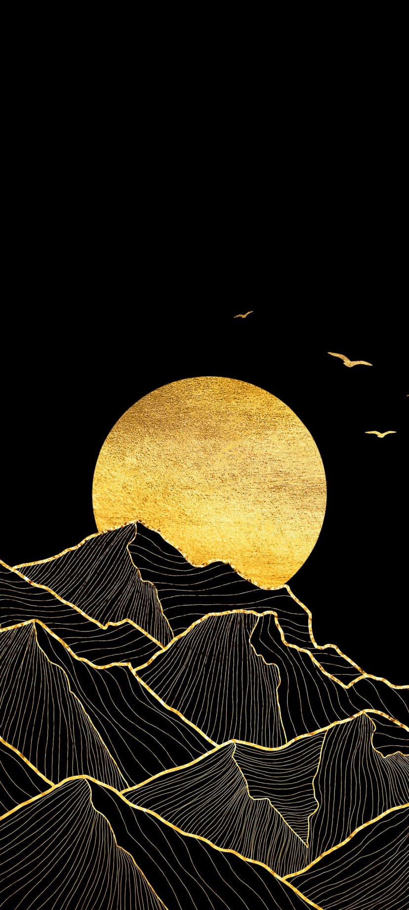 Golden textured sun rising behind black mountain peaks with gold outlines and silhouetted birds in flight.