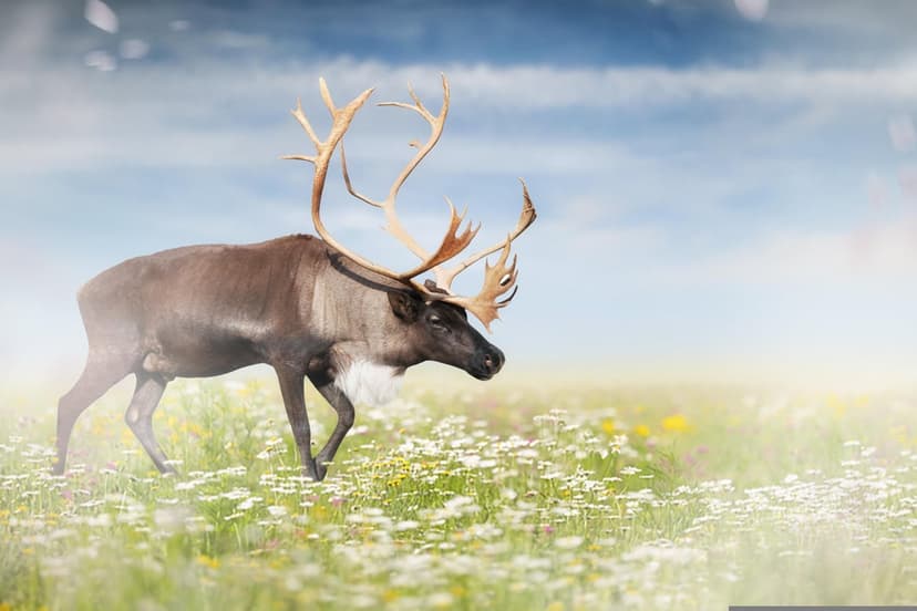 Reindeer stag with large antlers grazes in a field of white wildflowers under a misty, overcast blue sky.
