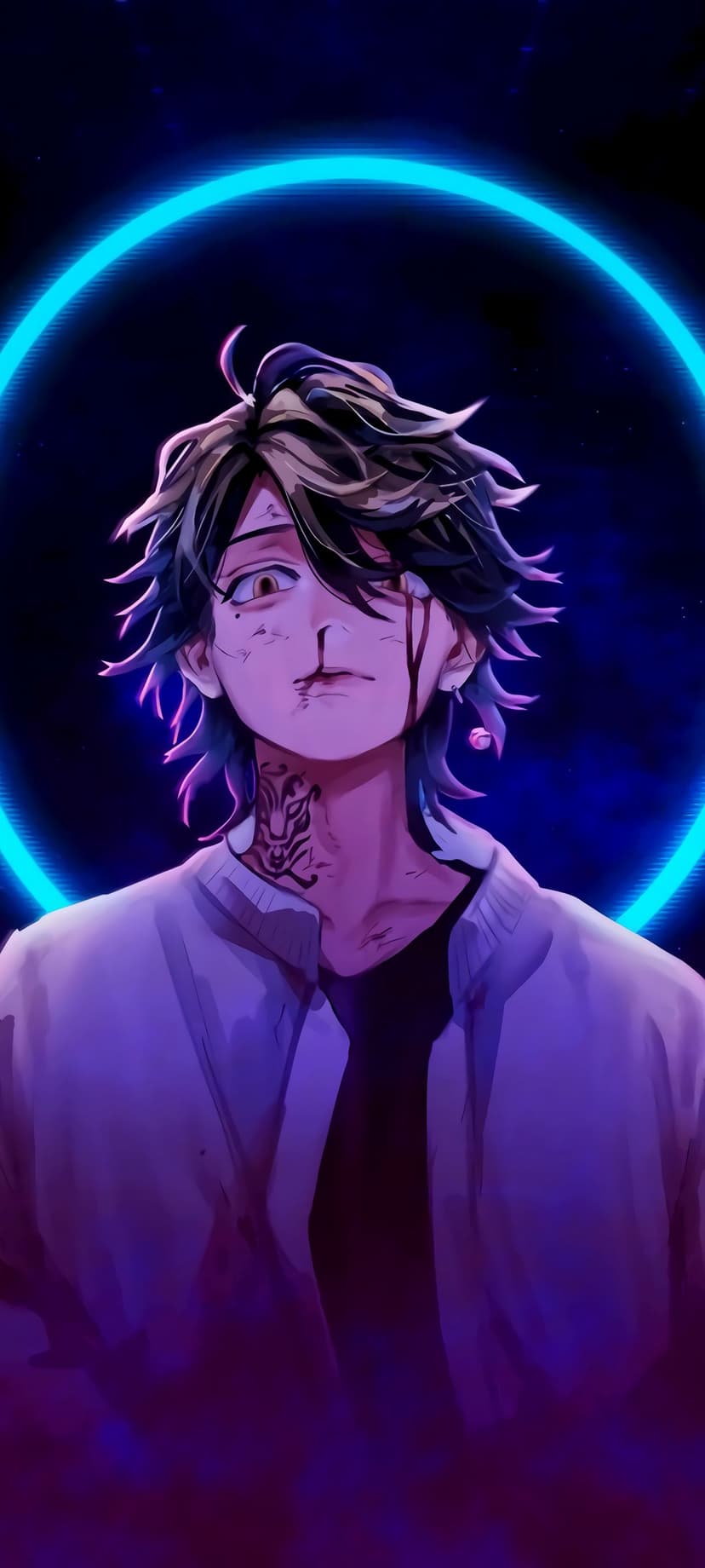 Anime character with blonde hair, yellow eyes, a bloody nose, and a glowing blue halo against a dark background.