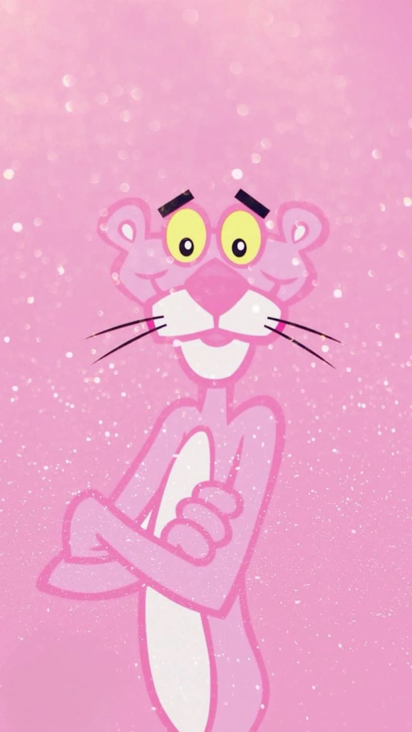 Pink Panther with crossed arms and a smirk stands centered against a soft pink sparkling glitter background.