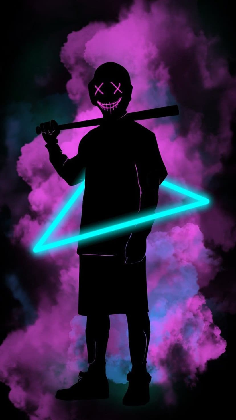 Masked figure with glowing X eyes holding a baseball bat inside a cyan neon triangle amidst purple smoke clouds.