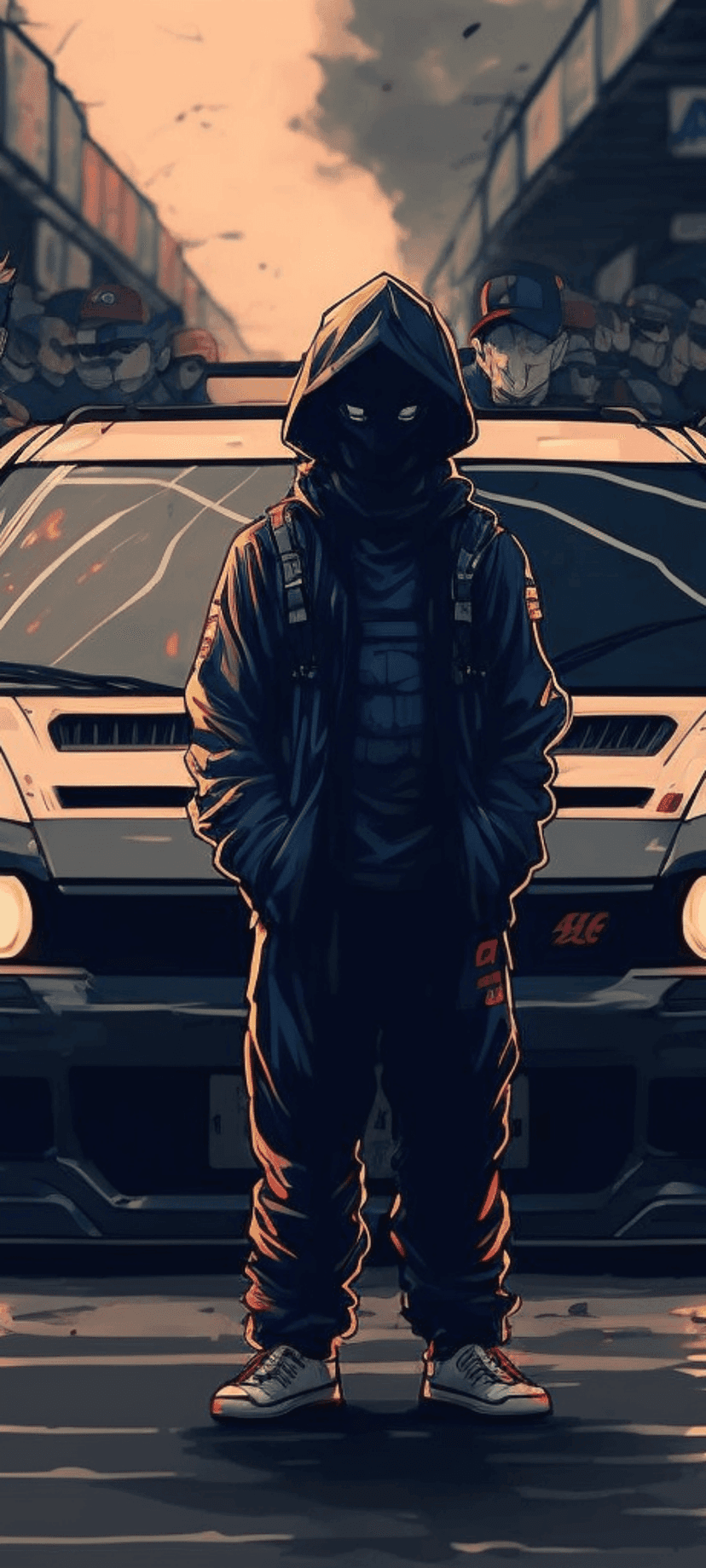 Masked figure in a black hoodie stands before a modified sports car with glowing headlights in a smoky city.