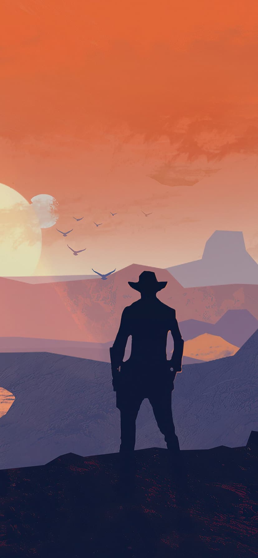 Silhouette of a cowboy looking over a desert landscape with two moons under an orange sky with flying birds.