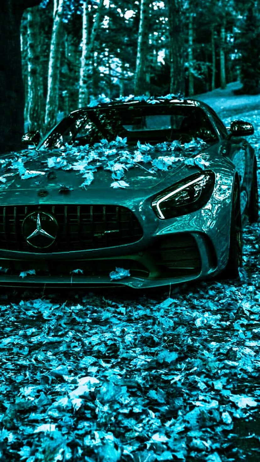 Mercedes-AMG GT sportscar partially buried in blue autumn leaves within a dark, atmospheric forest setting.