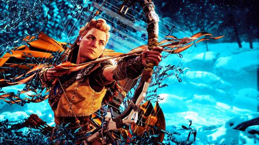 Aloy from Horizon Forbidden West aiming a bow against a blue icy background with orange light and grid overlays.