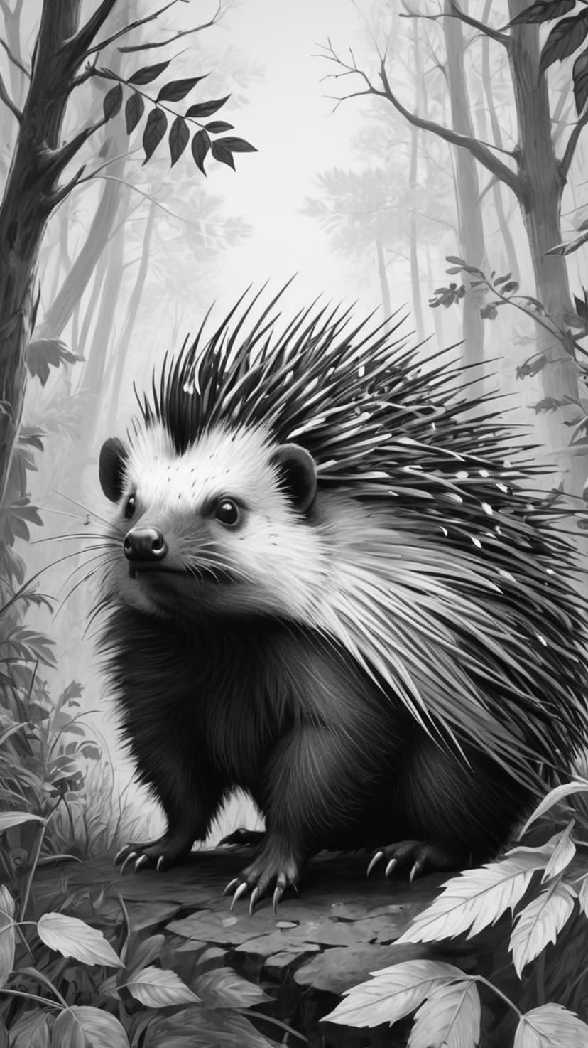 Hedgehog with sharp quills stands in a foggy woodland area surrounded by blurred trees and misty atmosphere.