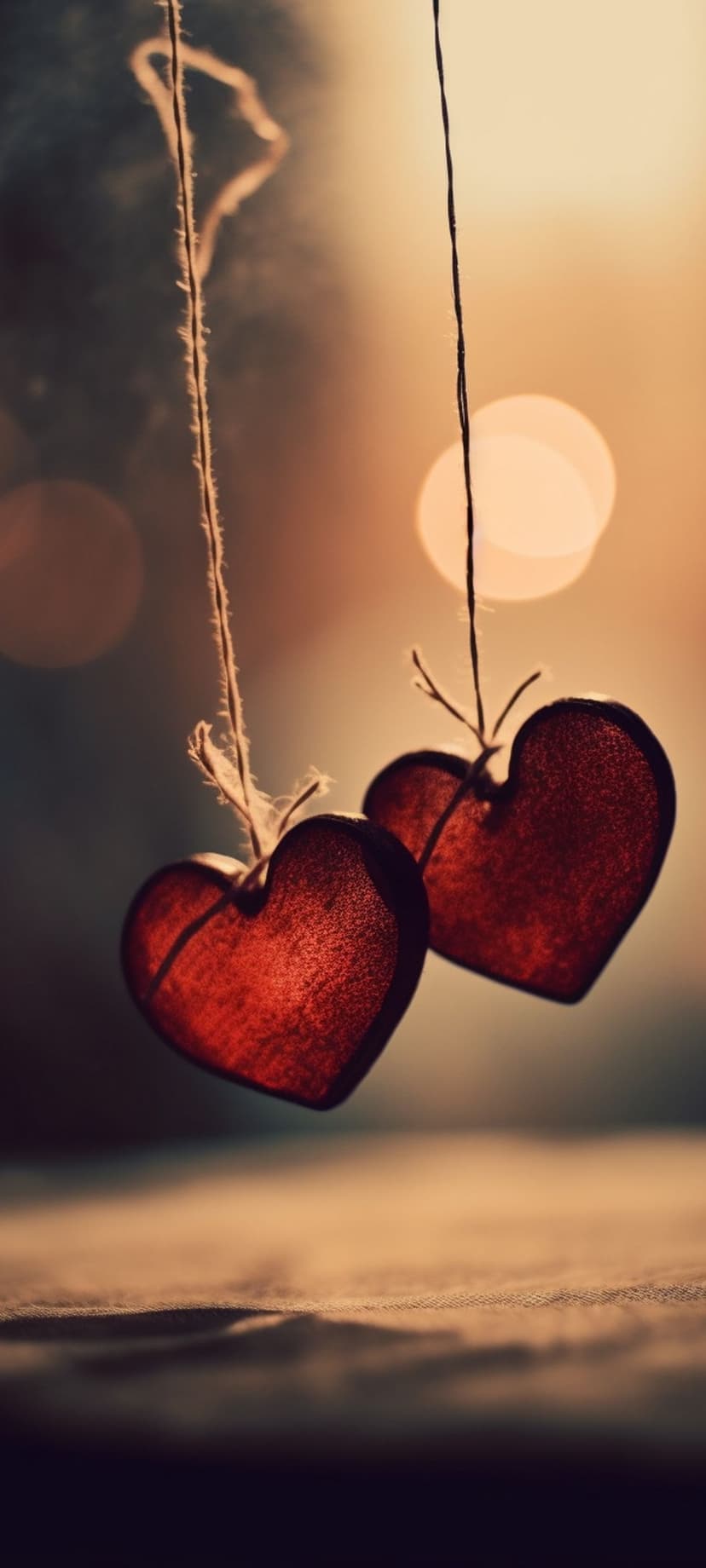 Two red heart ornaments hang from thin threads against a soft golden bokeh background during a warm sunset.