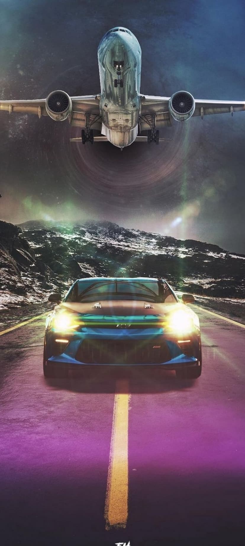 Sports car driving on a glowing mountain road as a massive airplane flies through a swirling dark sky.