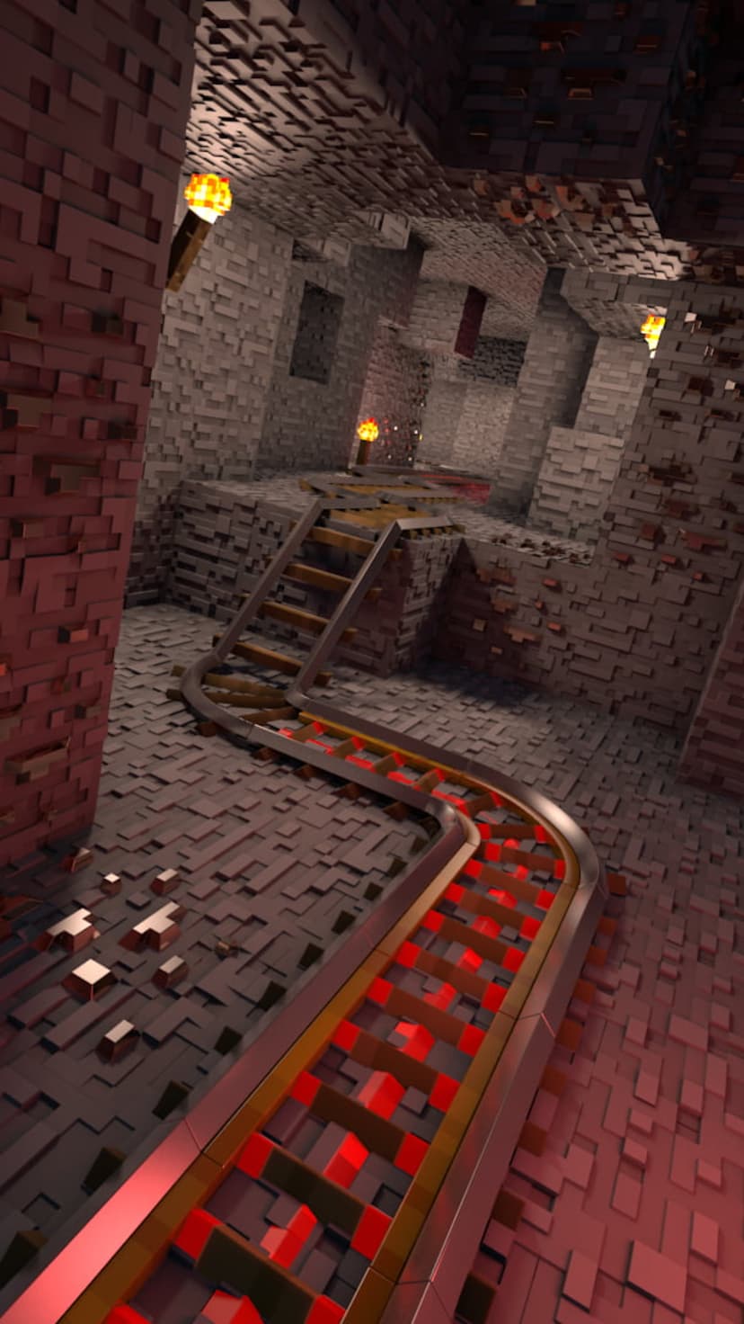 Minecart rails atop glowing red blocks curve through a dark stone cavern illuminated by flickering wall torches.