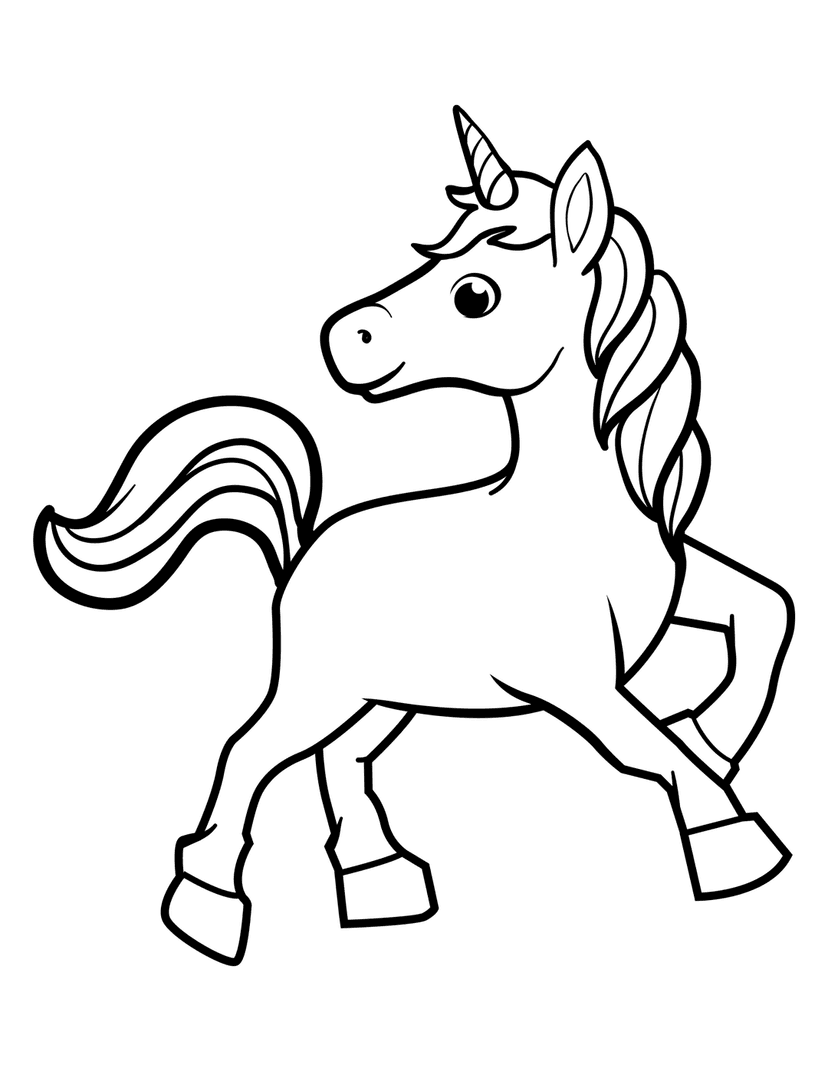 Unicorn line art illustration featuring a black stroke outline and spiraled horn on a white background profile.