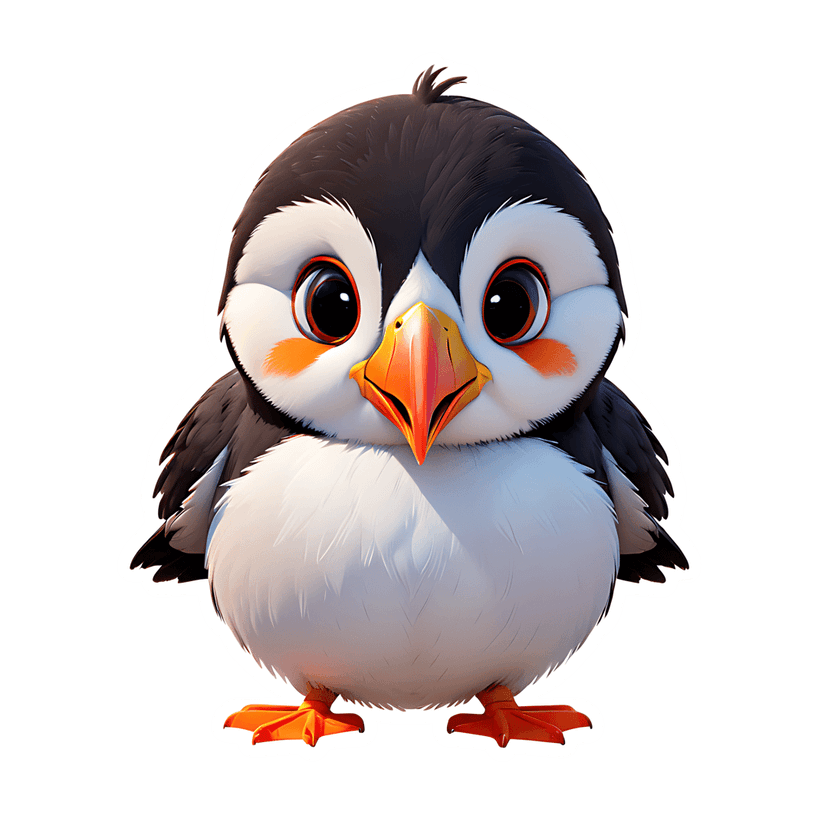 Puffin sticker illustration with fluffy black feathers, orange beak, and a white outline on a clear background.