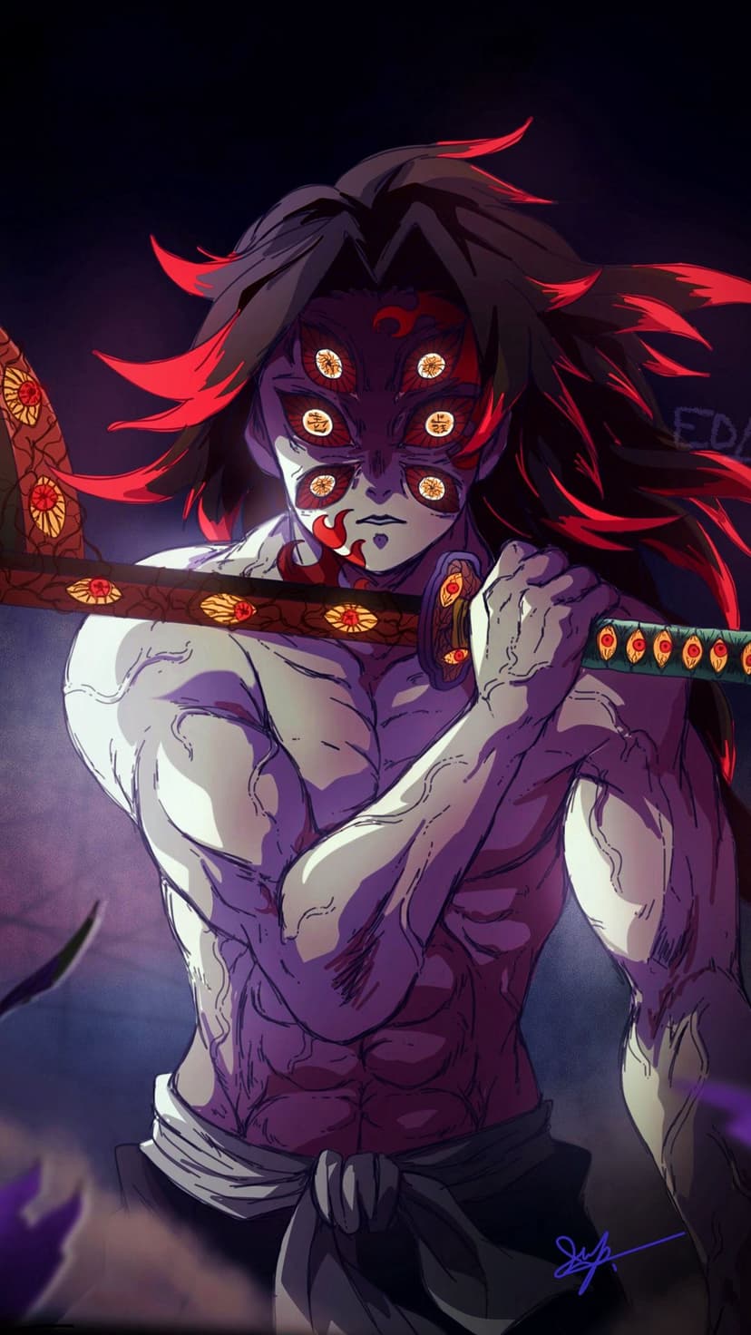 Kokushibo stares forward with six yellow eyes while holding a long katana against a dark purple background.