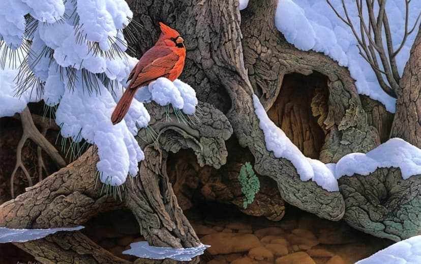Red cardinal bird sits on a snowy pine branch overlooking gnarled tree roots and a soft blue winter stream.