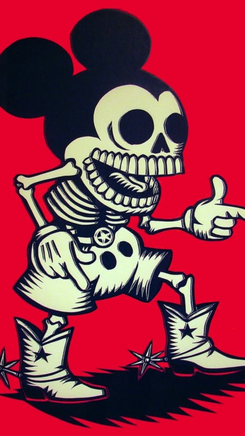 Mickey Mouse skeleton wearing cowboy boots with stars and iconic ears against a solid red background.