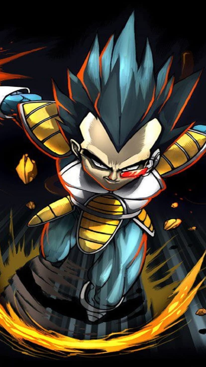 Vegeta stands in a battle stance with blue hair, wearing white Saiyan armor amidst swirling blue energy flames.