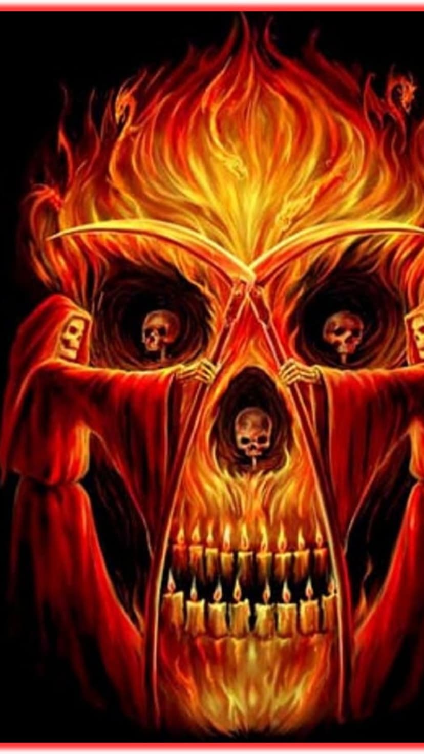 Skeletal skull engulfed in red flames with two hooded reapers holding scythes and rows of lit candle teeth.