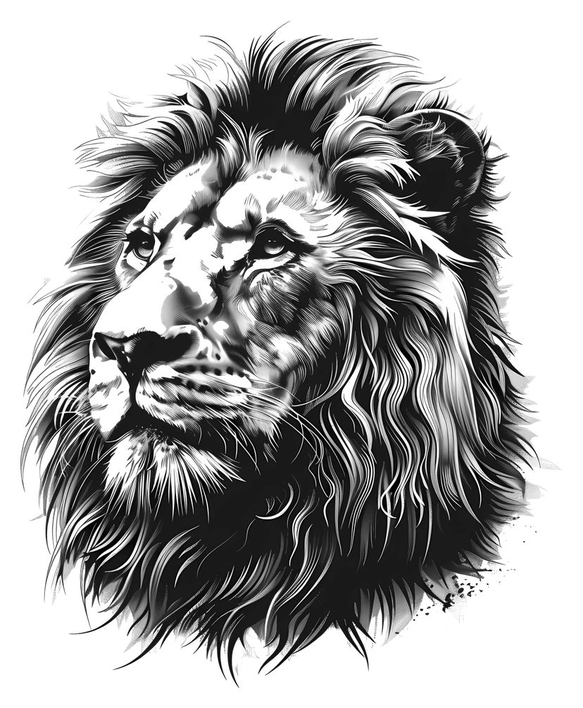 Lion head illustration features detailed black ink lines on a transparent background showing a symmetrical face.