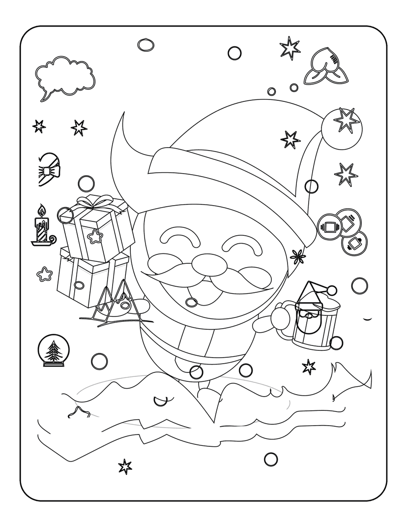 Santa Claus coloring page illustration featuring a bearded character holding a mug next to wrapped gift boxes.