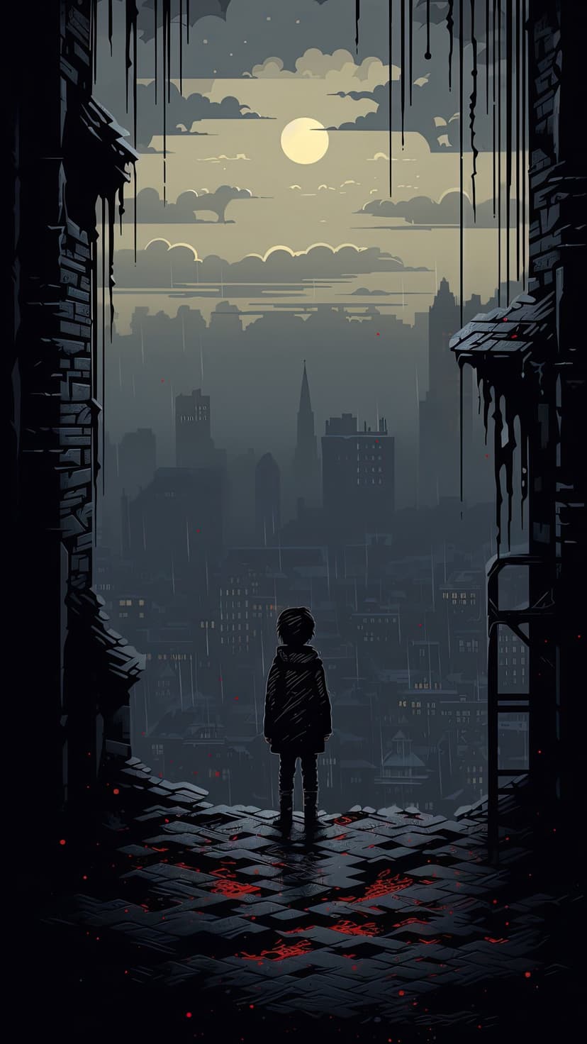 Small child stands on wet cobblestones looking at a foggy city skyline under a bright full moon in the rain.