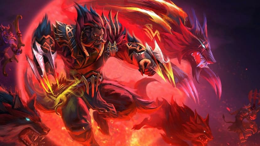 Beast warrior with glowing claws leading a pack of red wolves against a massive crimson moon background.
