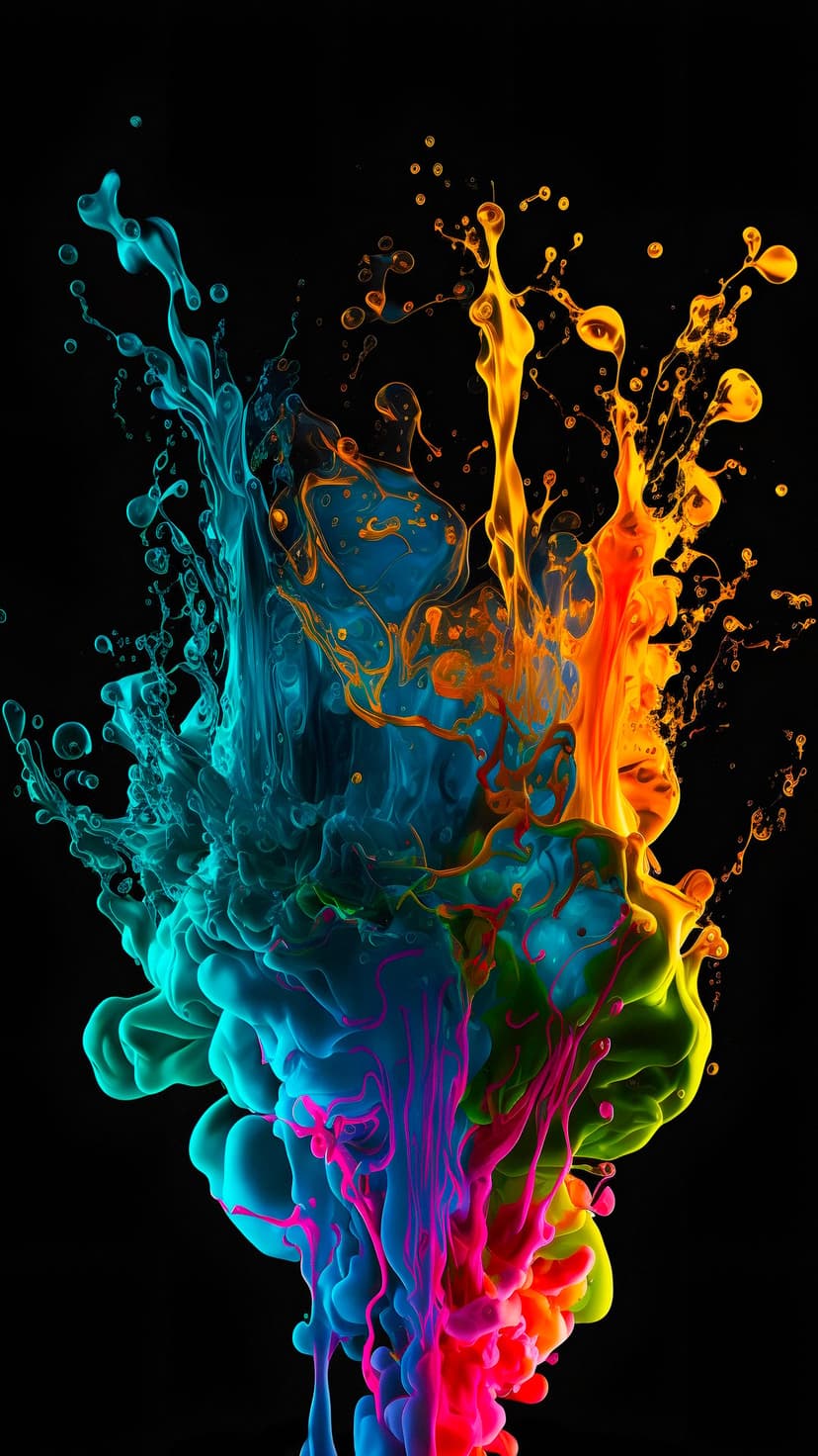 Cyan, pink, and orange ink plumes swirling through black water with intricate high-contrast fluid textures.