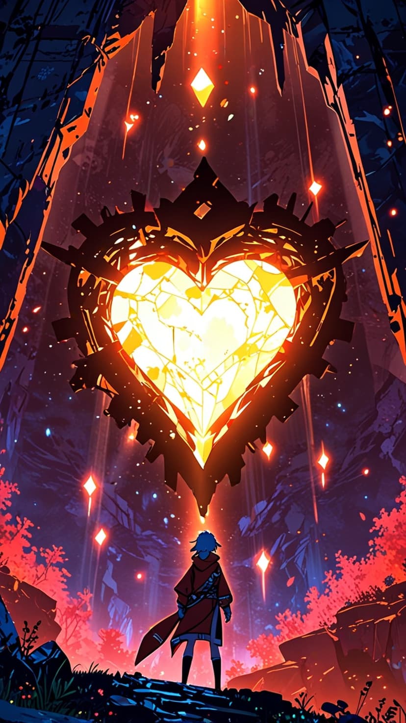 Solitary anime figure stands before a massive glowing orange heart crystal in a dark, jagged cavern landscape.
