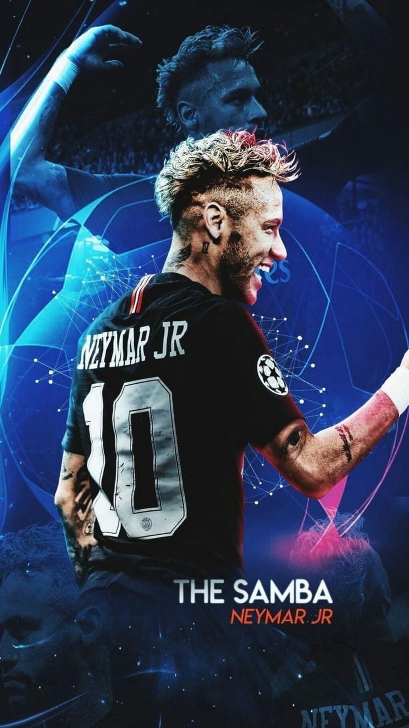 Neymar Jr wears a blue number 10 PSG jersey surrounded by dynamic abstract lines and soccer-themed artistic motifs.
