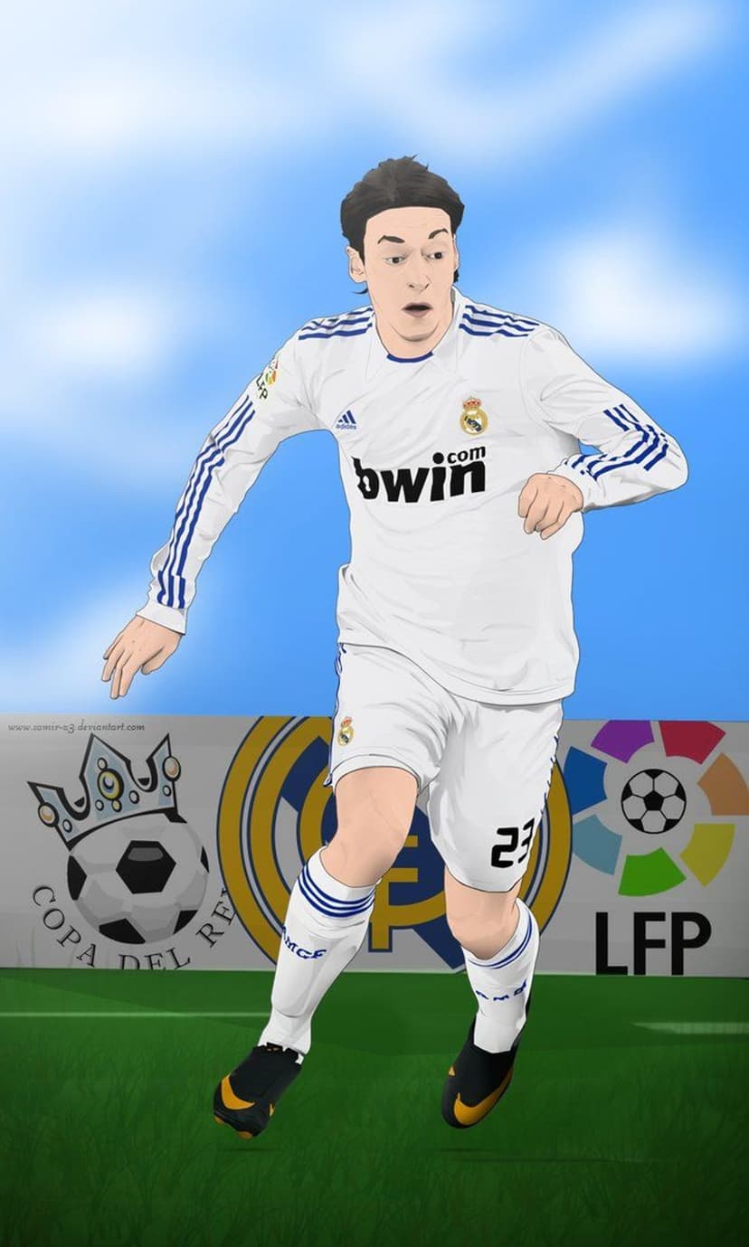 Soccer player in a white jersey and number 23 shorts runs on a green field under a blue sky with soft clouds.