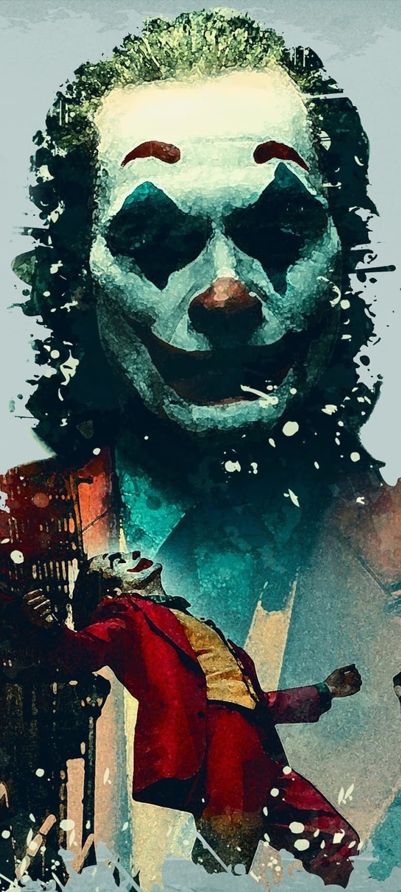 Arthur Fleck in clown makeup poses against a textured urban backdrop with dark, cinematic lighting.