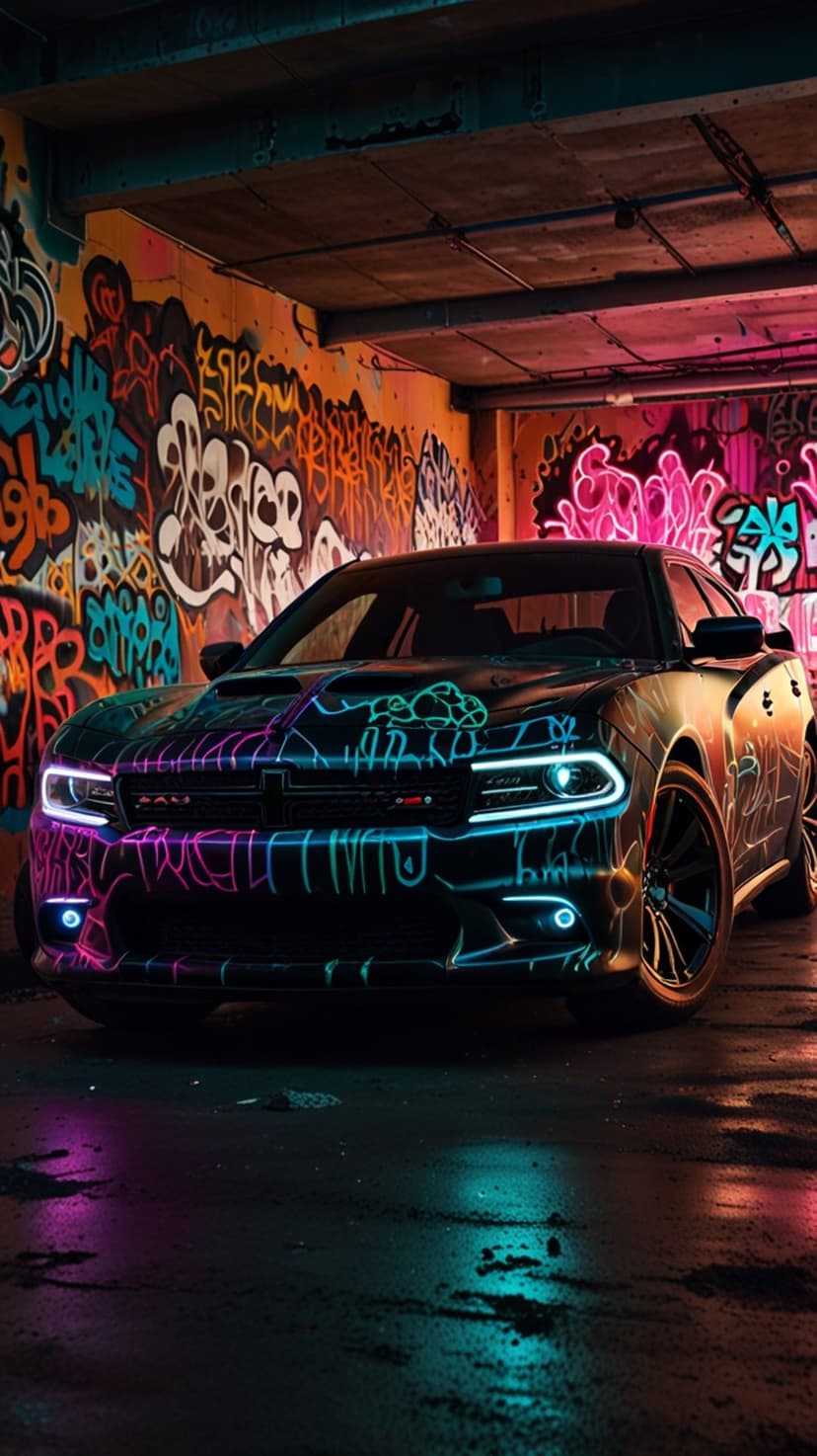 Black Dodge Charger with glowing blue outlines parked in a dark garage featuring colorful spray-paint graffiti.
