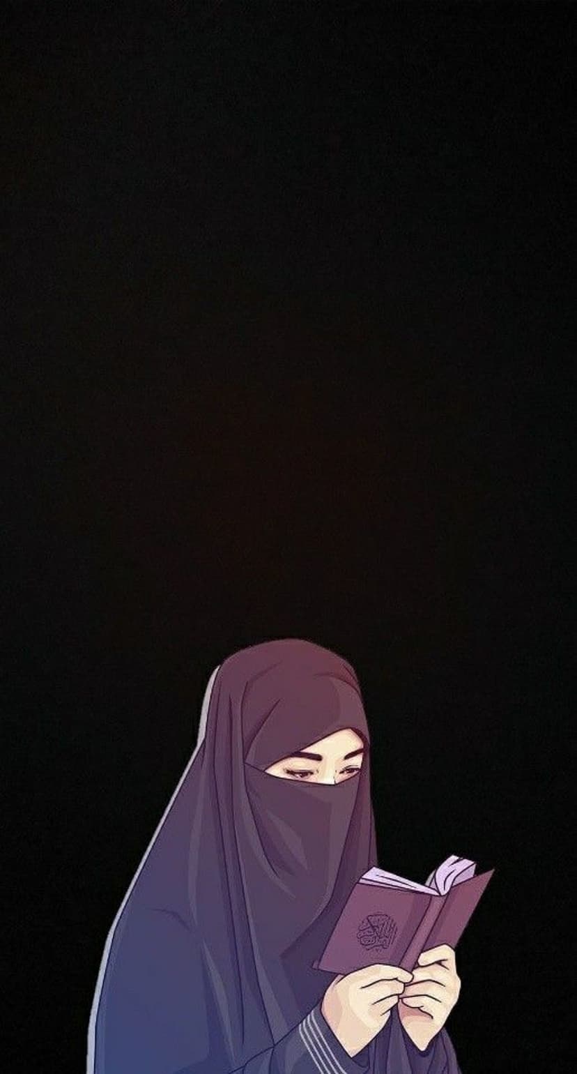 Muslim woman wearing a niqab and hijab reads an open holy book against a dark, minimalist background.