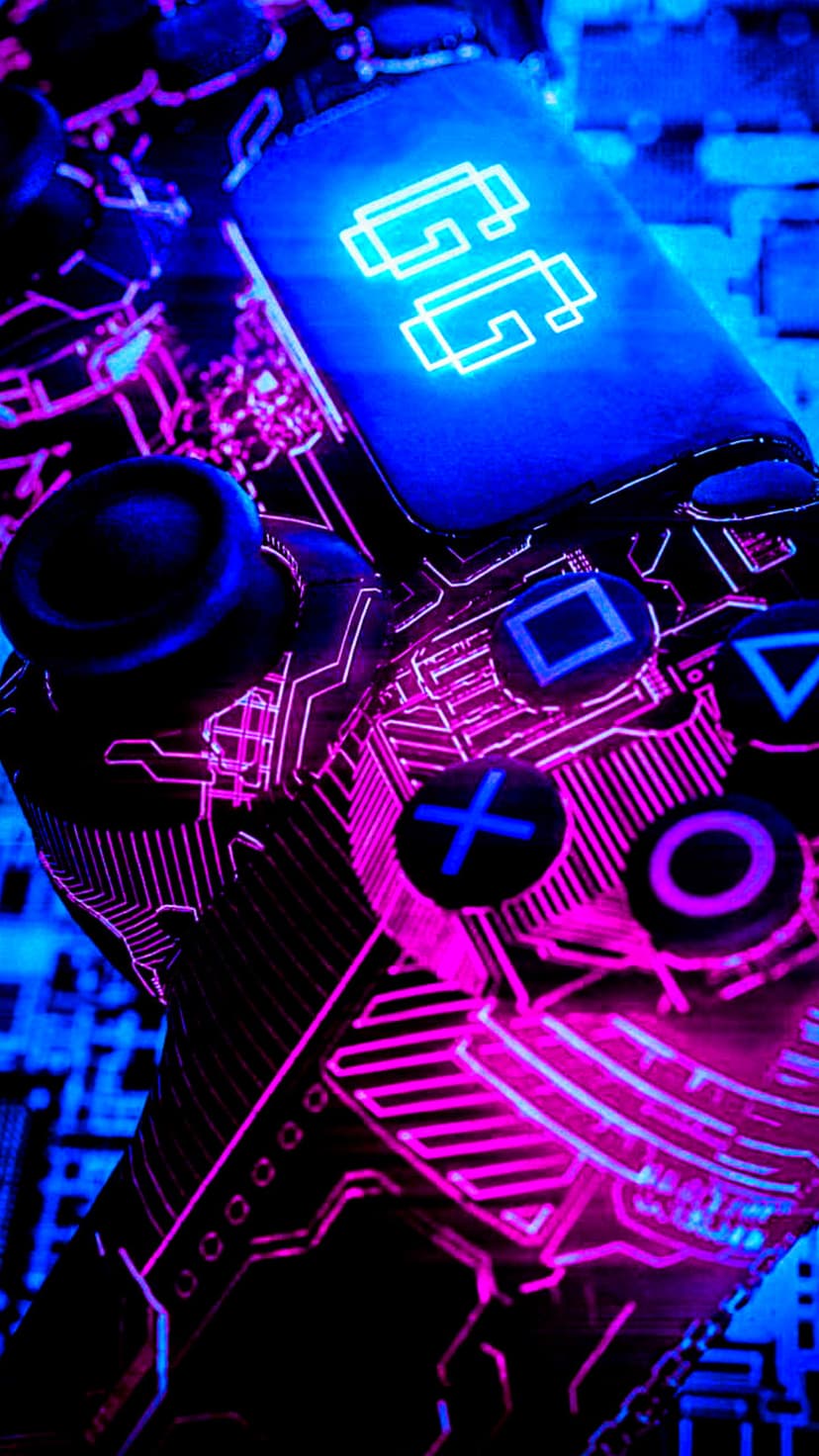 Cyberpunk game controller glowing with blue and pink neon circuit patterns and a central pixel icon.