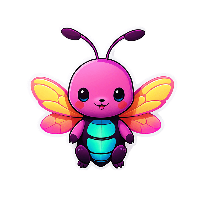 Pink insect sticker with yellow wings, teal body, and purple antennae features a glossy gradient finish.