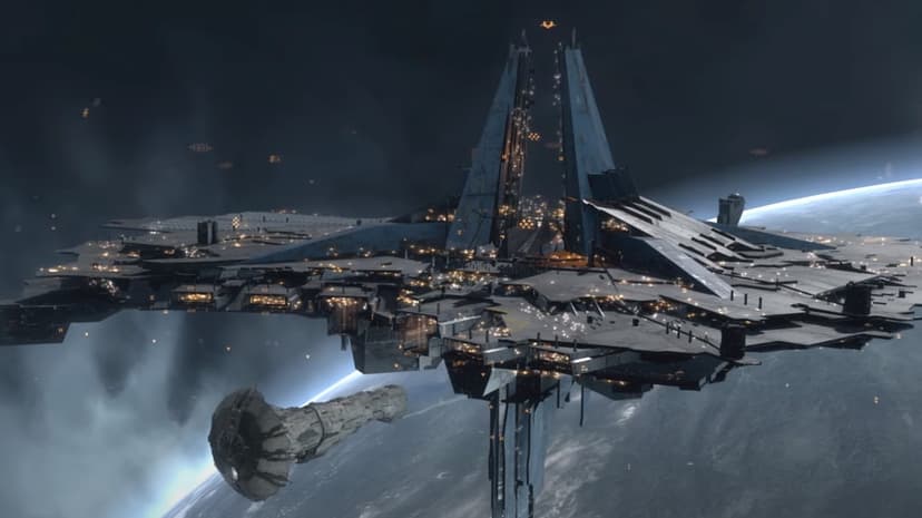 Massive tiered space station with glowing orange lights orbiting a blue planet in deep space with distant ships.