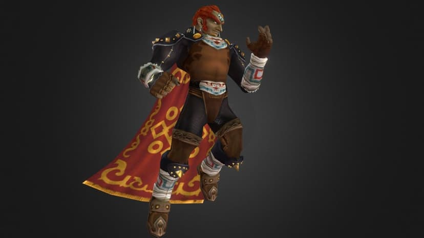 Ganondorf in dark armor and a patterned red cape standing against a dark studio background.
